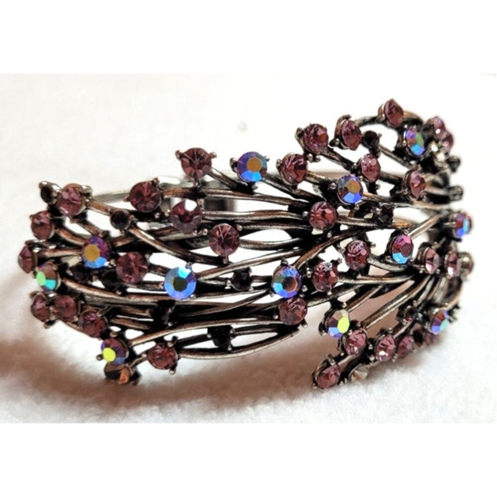 Rhinestone Clamper Bracelet Purple Pink AB Silvertone Metal Boho Fairy Cottage - Picture 2 of 12